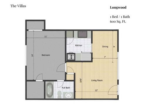 Floor plan for 1 bed, 1 bath, 600 sqft
